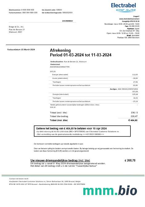 Belgia Electrabel electricity rachunek za usługi komunalne szablon, w pełni edytowalny w formacie Word i PDF
